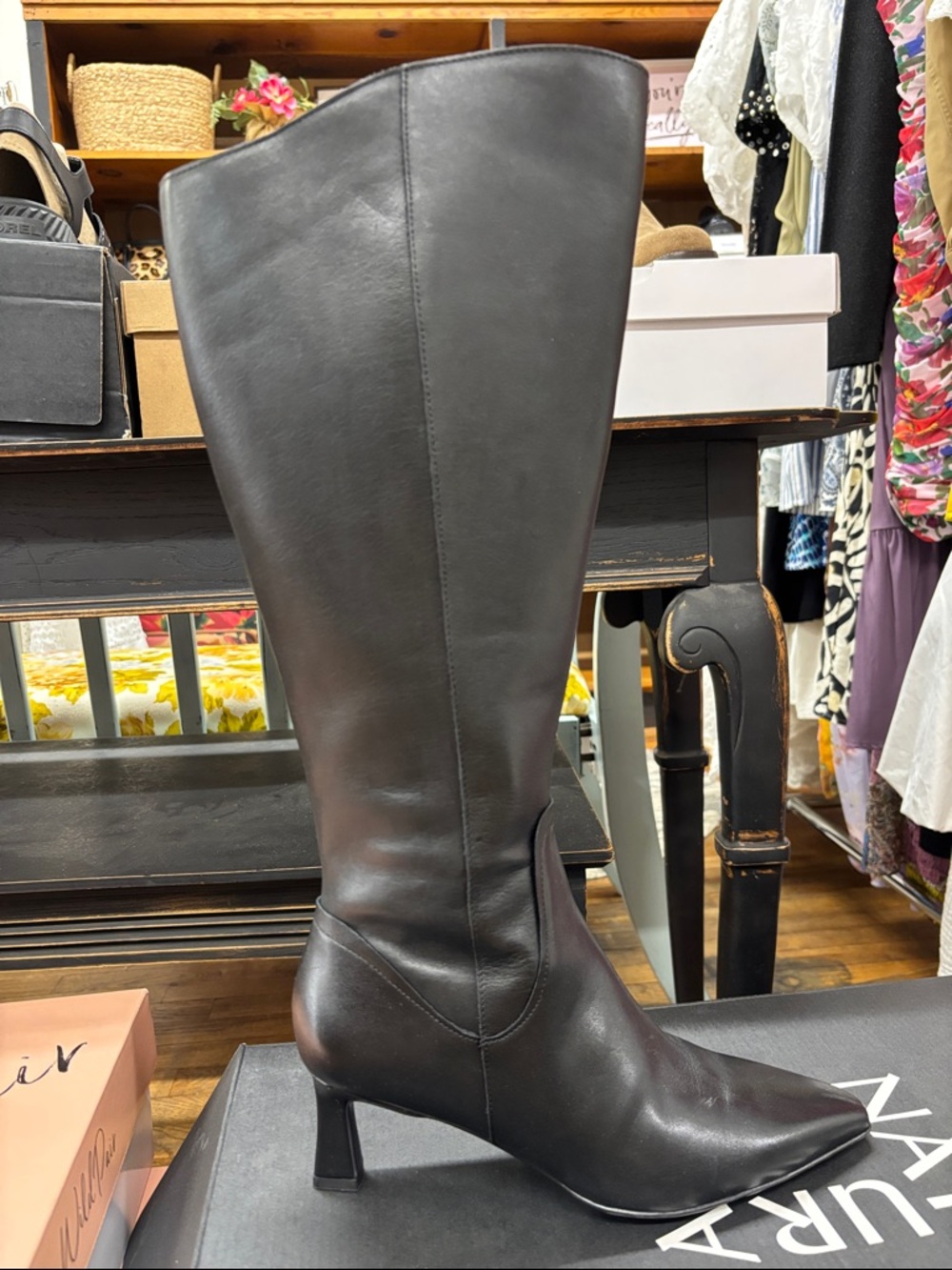 Naturalizer Black Leather Knee-High Boot with Kitten Heel 8 wide calf